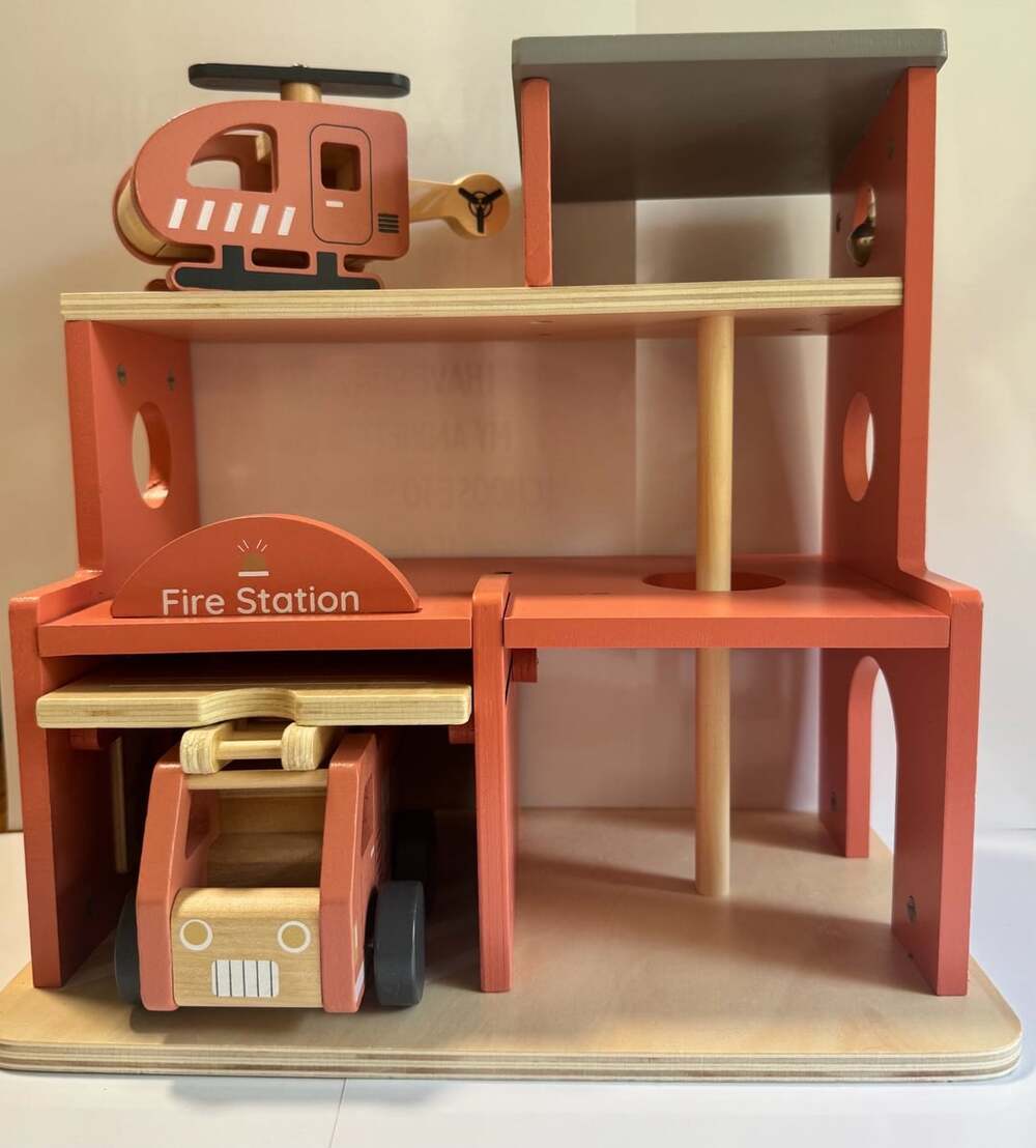 Hey! Play! Wooden Fire Station Playset with Truck and Helicopter